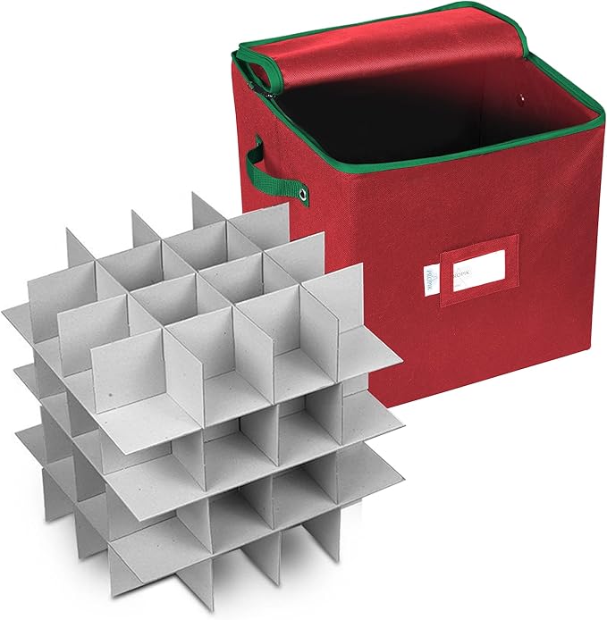 ProPik Christmas Ornament Storage Box, 4 Tier Holds Up to 64 Holiday Ornaments Decoration Balls, Storage Container with Dividers for 3” Bulbs, Made with Durable Oxford Polyester Material (Red)