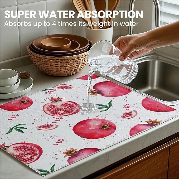 Dish Drying Mat For Kitchen Counter, Red Pomegranate Microfiber Absorbent Dish Drainer Rack Pad Reusable Large 18x24in Drying Mat