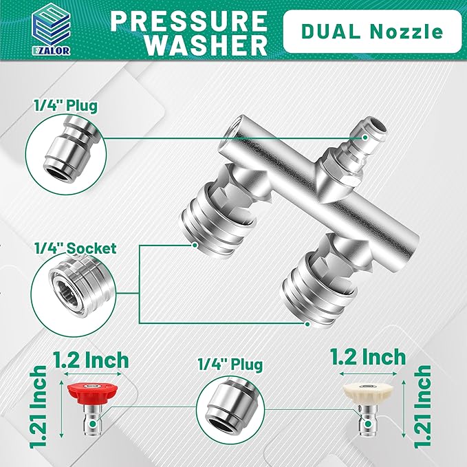 EZALOR Dual Pressure Washer Tips, 2-in-1 Pressure Washing Nozzle Tips, Power Washer Dual Nozzles with 8PCS Power Washing Spray Nozzle (0, 15, 25, 40 Degree), 1/4" Quick Connect, 5000 PSI