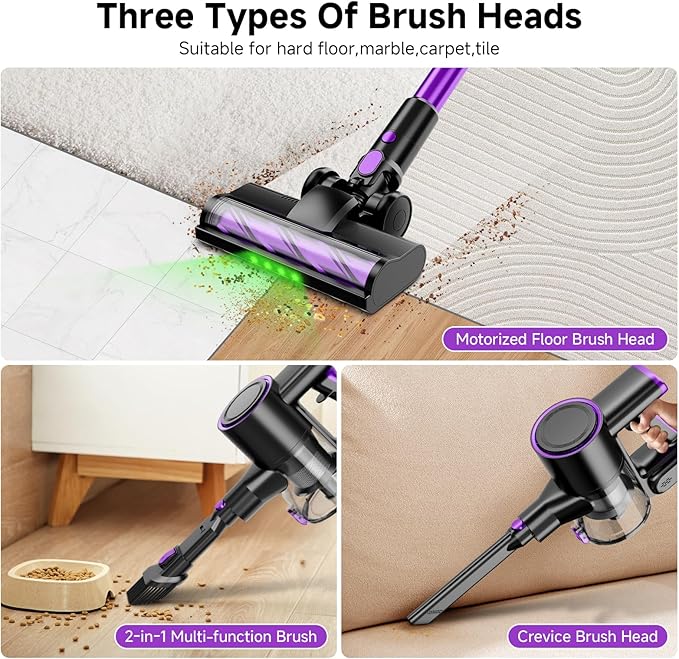 Honki Cordless Vacuum Cleaner, 500W/40Kpa Vacuum Cleaners for Home, Stick Vacuum Cordless with LED Display, Anti-Tangle & Wall Mount, 8 in 1 Lightweight Vacuum for Hard Floors Pet Hair(Purple)