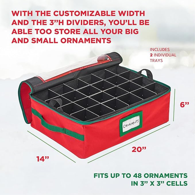 HOLDN’ STORAGE Christmas Ornament Storage Box with Dividers - Fits 48-3” Ornaments, 2 Removable Trays, Durable & Space-Saving, Clear Top Lid, Fits Underbed, Red