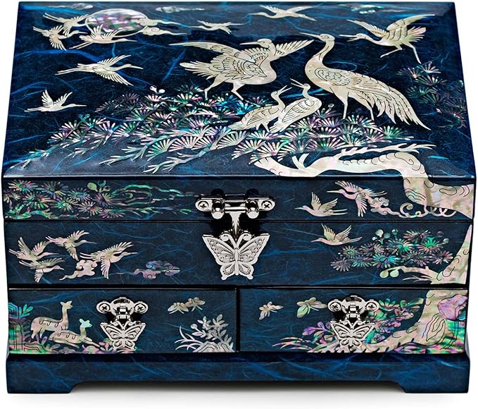 MADDesign Mother of Pearl Lacquered Jewelry Box Two Level Cranes Blue