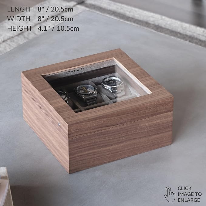 TAWBURY Wooden Watch Case - 6 Slot Wood Watch Box for Men & Women with Glass Display, Protective Fully Lined Interior and 2-inch Wide Pillows for Large Watches (Light Walnut)