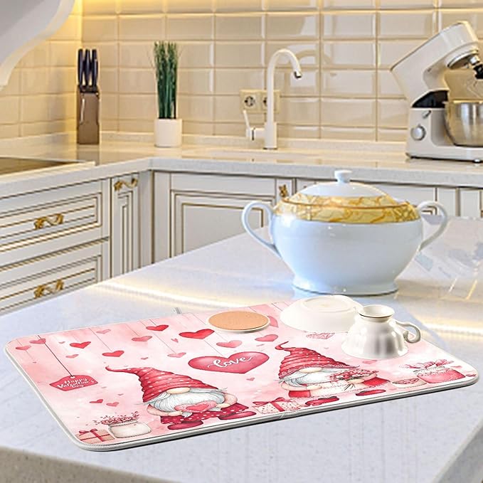 Valentine’s Day Gnomes Dish Drying Mat for Kitchen Countertop 16x18 Pink Love Heart Pink Small Drying Mat Reusable Quick Dry Dish Sink Mats Easy Clean Decorative Essentials