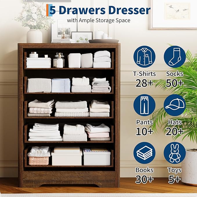 Garvee Dresser for Bedroom with 5 Drawers, 45'' Tall Chest of Large Decorative Drawer Front with Large Clothes Storage Cabinet, Wood Bedroom Dresser, TV Stand for Nursery, Living Room, Enterway