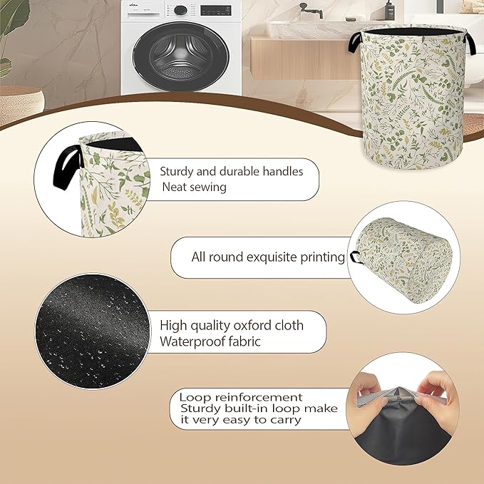 Green Herb Leaves Laundry Hamper,Rustic Wildflower Collapsible Laundry Baskets,Waterproof Oxford Cloth Laundry Room Organization for Bedroom,Bathroom,Nursery,16x20 Inch
