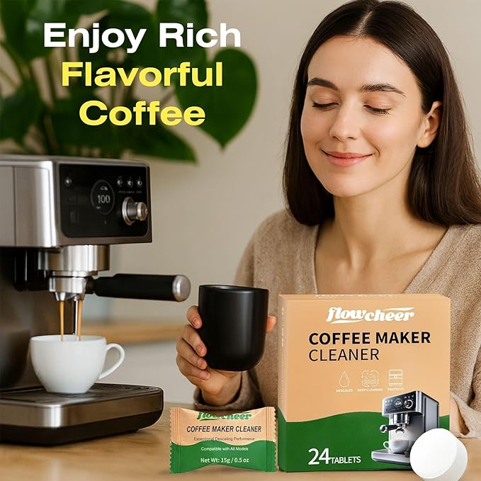 flowcheer Coffee Maker Cleaner & Descaler Tablets 24-Pack - Coffee Machine Tablets Compatible with Keurig,Nespresso,Jura, Breville, Ninja, Deep Cleaning Coffee Pot and All Espresso Machines