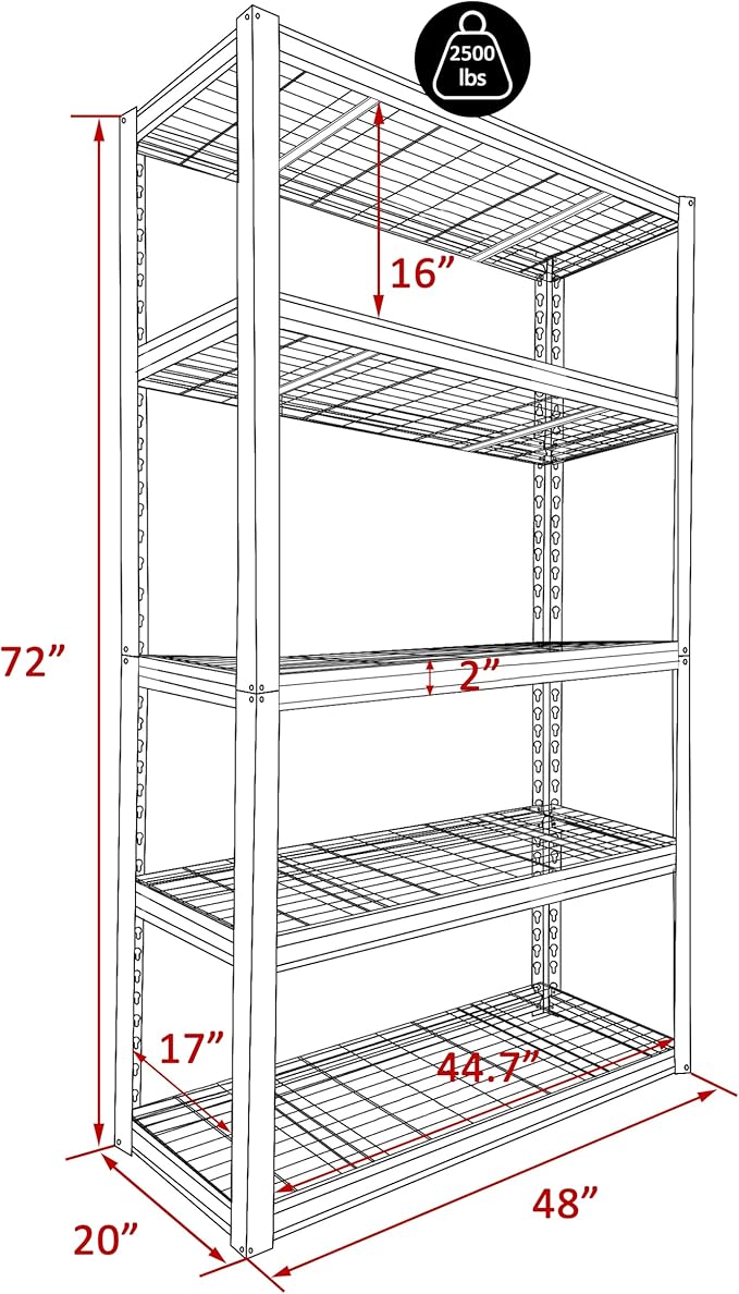 BlueWish 2500LBS Wire Rack Shelving, 20”D x 48”W x 72”H Storage Racks and Shelving with Reinforced Wire Partition, Double Column, Heavy Duty Garage Shelves for Warehouse Closet Kitchen, Black