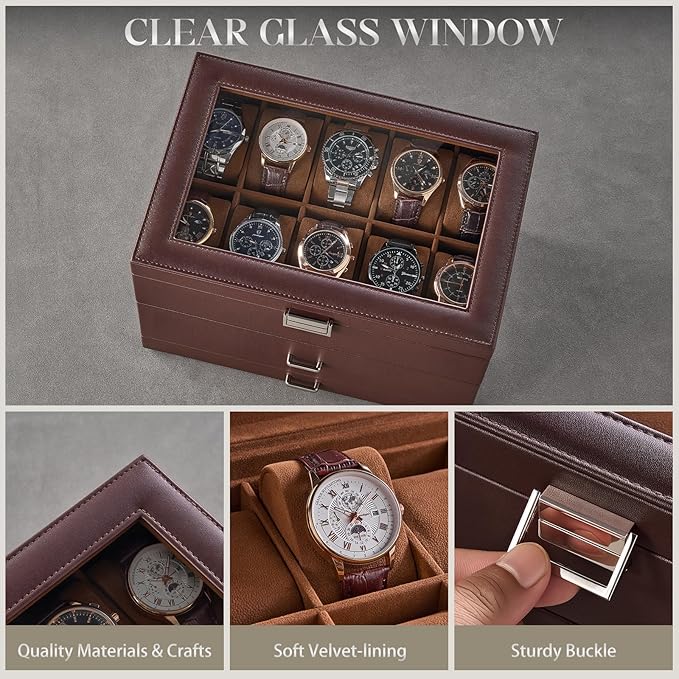 ProCase 20 Slot Watch Box for Men, 3-Layer Watch Display Case with Glass Lid, Watch Holder with Drawer, Jewelry Storage Organizer for Watches Straps Rings -Brown