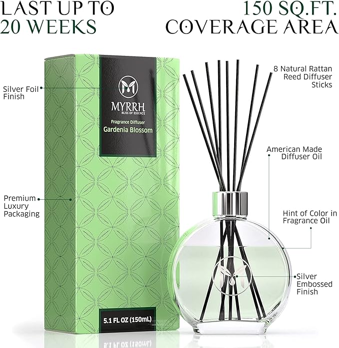 Gardenia Blossom Scented Reed Diffuser Set with 8 Rattan Diffuser Sticks, 150 ml, All Natural Air Freshener, Long-Lasting Diffusers at Home - MyrrhUSA