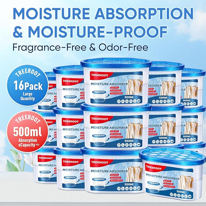 16 Pack Moisture Absorbers, 10.6 OZ Humidity Absorber Bucket, Moisture Absorbers for Closet, Dehumidifier Bucket for Wardrobes, Kitchens and Bathrooms, Fragrance Free Humidity Absorber