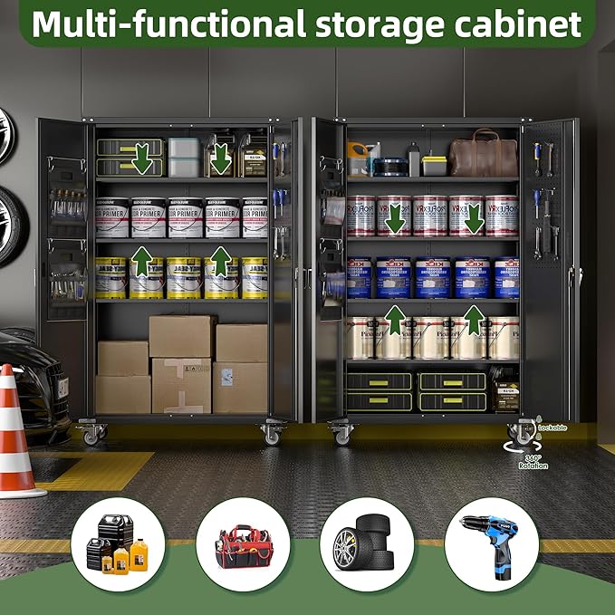 Black Metal Garage Cabinets with Wheels, 72.05” Lockable Rolling Storage Tool Cabinet with Wheels with Shelves&Pegboard&Hooks for Home Utility Room Warehouse, Assembly Required, Black