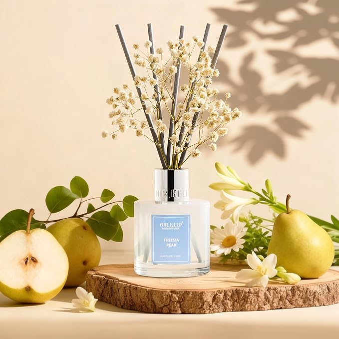 Airkeep Reed Diffuser Set,3.38 fl oz (100 ml) - Freesia Pear Oil Diffusers with 8 Reed Sticks, Home Fragrance Reed Diffuser for Bathroom Shelf Decor