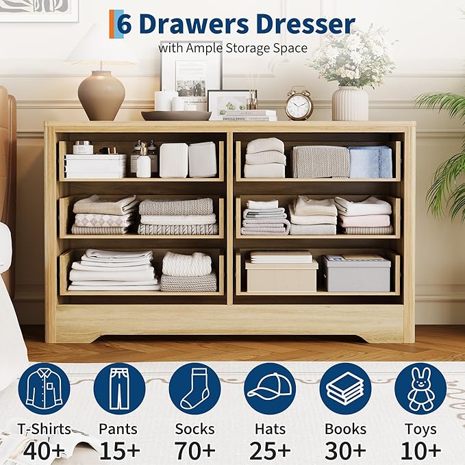 Garvee Dresser for Bedroom with 6 Drawers, 47.2'' Wide Chest of Large Decorative Drawer Front with Large Clothes Storage Cabinet, Wood Bedroom Dresser, TV Stand for Nursery, Living Room, Hallway, Oak