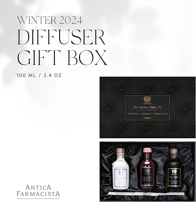 Antica Farmacista Reed Diffuser Gift Box - Includes Prosecco Black, White Spruce & Liquid Velvet - Luxury Room Freshener for Anniversaries, Birthdays & Holidays - 3.4 fl oz Each