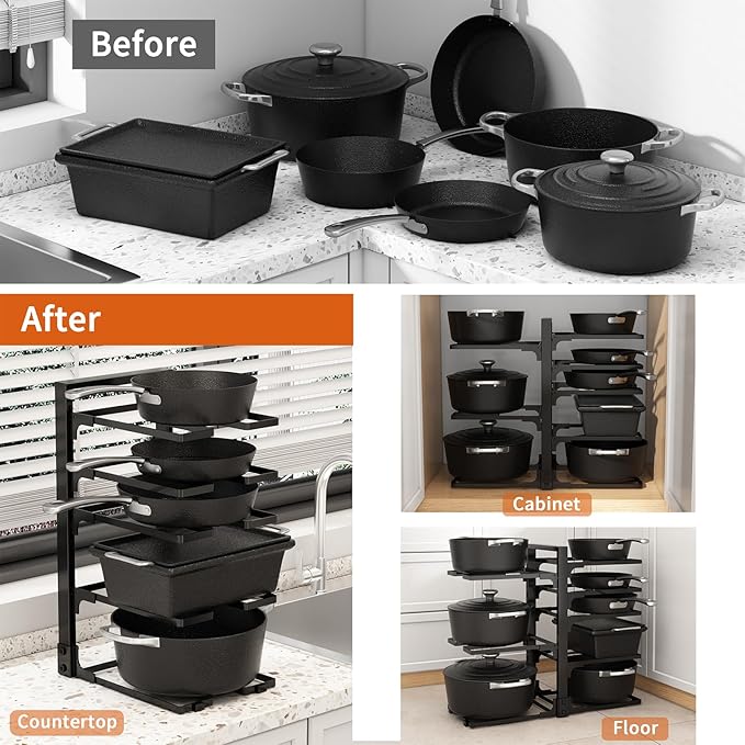 Fovkdcvw Adjustable Pots and Pans Organizer Under Cabinet, 8-Tier Pot and Pan Organizers Inside Cabinet, Kitchen Cabinet Organizers and Storage, Black
