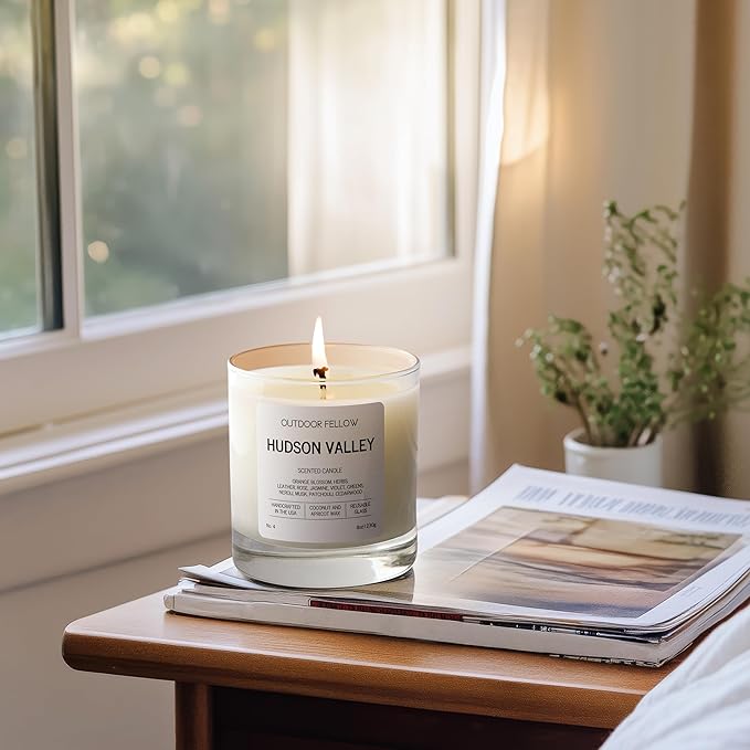 Outdoor Fellow Hudson Valley Scented Candle, 8oz, Coconut & Apricot Wax Blend, Orange Blossom, Jasmine, Patchouli, Reusable Glass, 40-50 Hour Burn Time