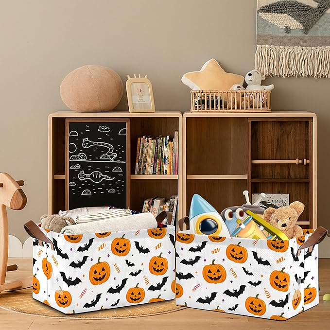 Halloween Pumpkin Bat Storage Baskets,Candy Foldable Organizer Bin with Handles for Home Living Room Bedroom Closet Box 17x11.5x10Inch
