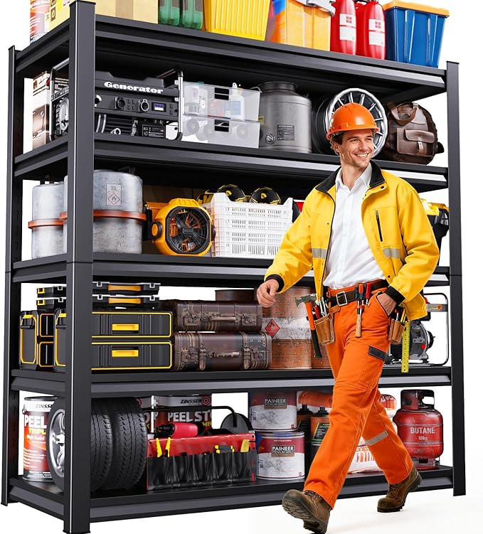 5-Tier 72”H Garage Shelving, Adjustable Garage Shelves,3000 Lbs Storage Shelves Heavy Duty, Garage Shelf for Tool Organization, Storage Shelves for Basement, Warehouse, Black (72''H×59''W×19.7''D)
