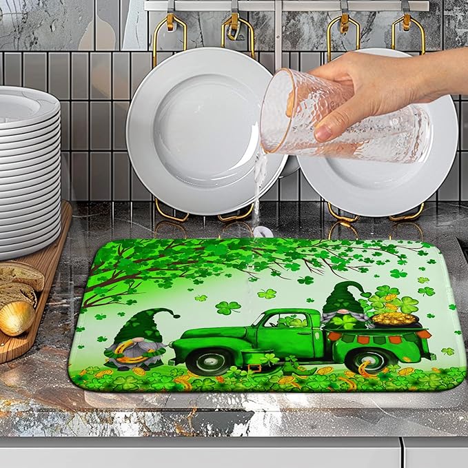 Kwlegh St Patricks Day Shamrock Drying Mat for Kitchen Counter Green Gnome Truck Dishes Drying Mat St. Patricks Day Spring Washable Dish Drying Pad Absorbent Microfiber Dishes Drainer Mats 16x18 Inch