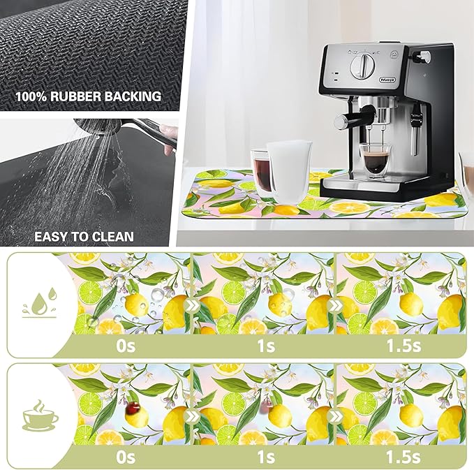 Abstract Yellow Lemons Dish Drying Mat Green Lemon Leaves Kitchen Mat 16"x24" Bsorbent Coffee Maker Mat for Dishes Utensils Coffee Maker Pots and Pans Easy Clean Dish Slip Resistant Pad