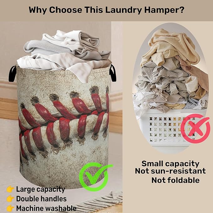 Retro Baseball Laundry Basket with Handles - Extra Large Foldable Hamper for Bathroom/Laundry/Bedroom/Dorm, Washable Fabric Storage Bin