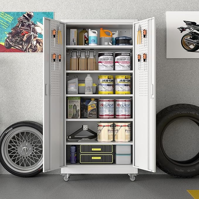 Garage Storage Cabinet with Wheels and Pegboard, Metal Storage Cabinet with 5 Adjustable Shelves for Garage Warehouse Office Utility Room,Required Assembly,71" H×34" W×18" D,White