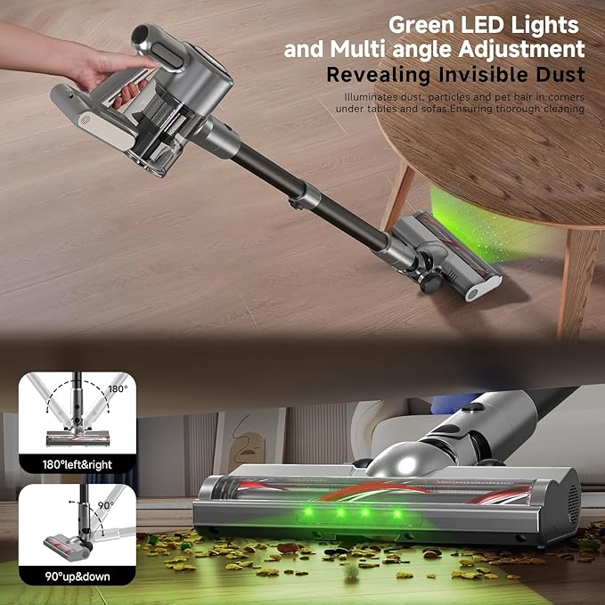 Shieal Cordless Stick Vacuum Cleaner - Rechargeable,45Kpa Powerful Suction Vacuum for Home,45Mins Runtime,Detachable Battery,Anti-Tangle, 8 in 1 Lightweight Vacuum for Pet Hair Carpet Hardwood,Silver