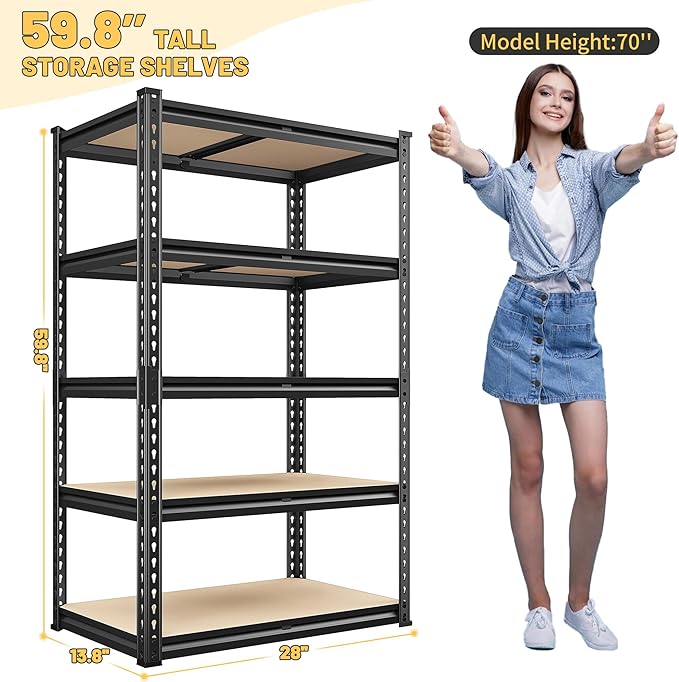 REIBII 2000LBS Storage Shelves 5 Tier Garage Shelving Heavy Duty Metal Shelving Adjustable Metal Shelf for Garage Pantry Closet Kitchen Basement 28" W x 13.8" D x 59.8" H