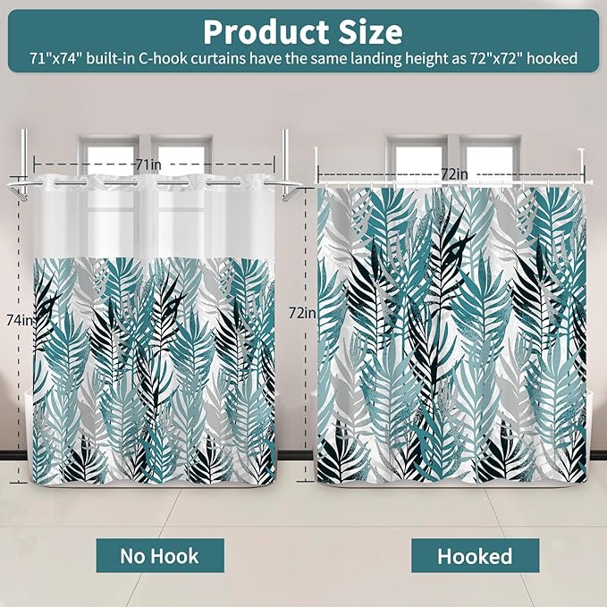 TQUQOBU No Hook Boho Dark Emerald Leaves Shower Curtain with Liner, Waterproof Washable Fabric Shower Curtain, Modern Abstract Botanical Decorative Bathroom Curtains with Top Sheer Window, 71x74 Inch