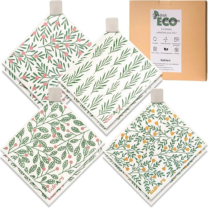 Eulnars Swedish Dishcloths for Kitchen, 8 Pack Green Reusable Paper Towels with Clips, Non-Scratch Swedish Kitchen Towels, Super Absorbent Cellulose Sponge Cloths, Dishwasher Safe, No Odor