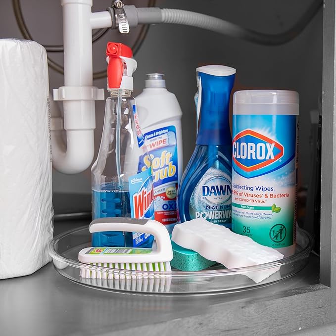 primebox 13.25" Lazy Susan Organizer. 360 Degree Rotating Turntable for Cabinets, Fridge, Pantry, Bathroom, Under Sink Organizing, Countertops, Vanity, Organizer for Spices Clear 4 Pack