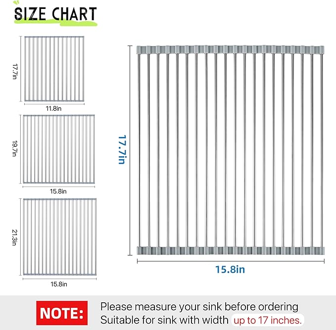 Sayehuanye Roll Up Dish Drying Rack, 17.7" x 15.8" Over The Sink Dish Drying Rack, Kitchen Dish Rack Foldable Dish Drainer, Stainless Steel Dish Drying Rack for Kitchen Sink Counter Storage (Grey)