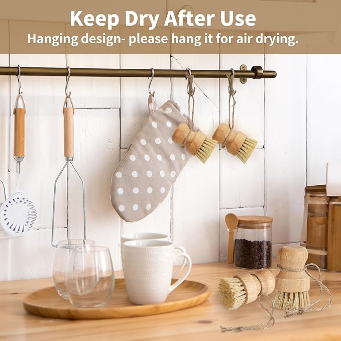 KEJJNYER 12 Pcs Bamboo Dish Brush, Wooden Bamboo Dish Scrub Brushes, Round Wooden Dishwashing Brush Sisal Bristles for Pan Pot Sink Kitchen Cleaning