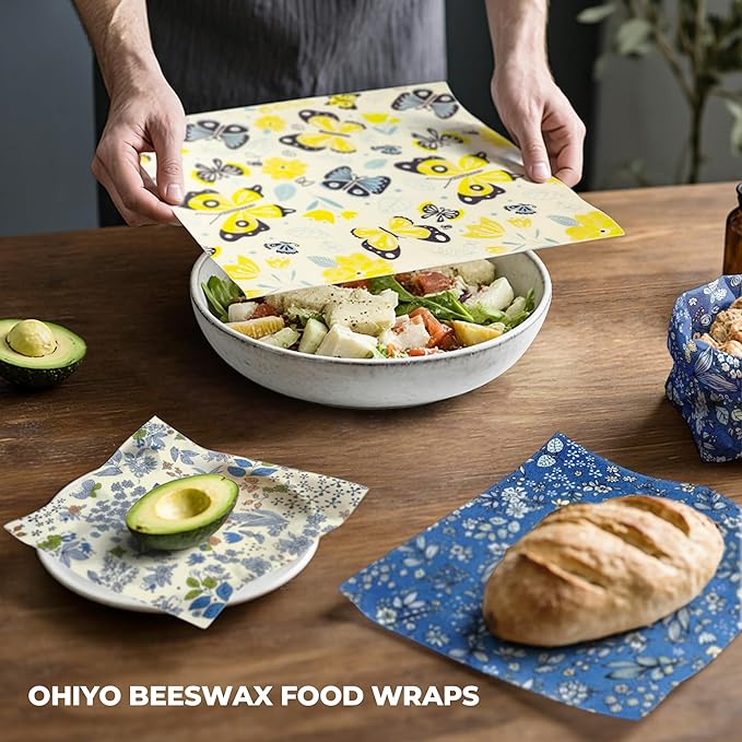 OHIYO Reusable Beeswax Wrap for Food, 9 Pack Organic Cotton Beeswax Papers (1XL + 3M + 5S), Bread Sandwich Wrapper, Suitable for Bowls, Cheese, Reusable Plastic-Free Food Storage Wrap