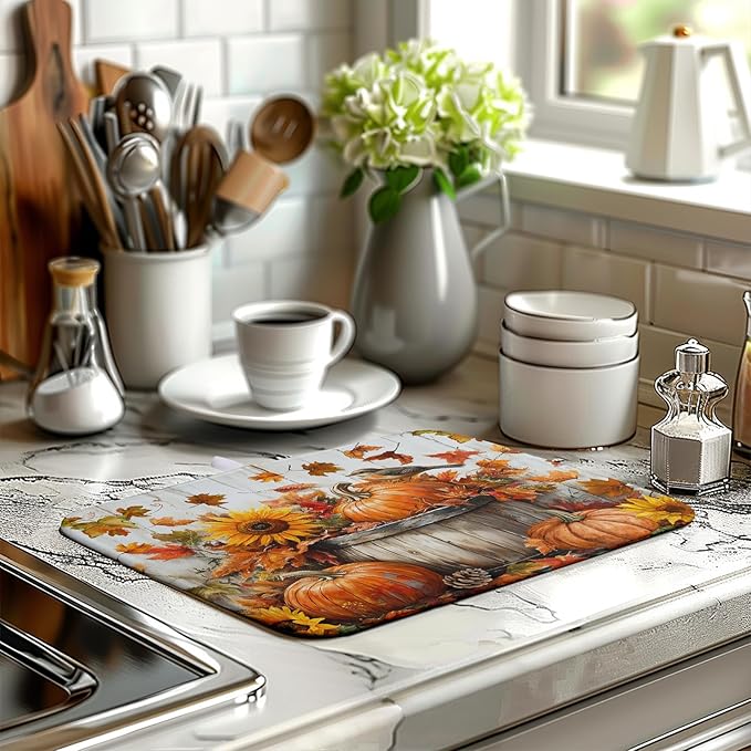 Wnoesat Fall Dish Drying Mat for Kitchen Counter Autumn Thanksgiving Pumpkin Sunflower Maple Leaf Leaves Birds Dishes Draining Pad Washable Dish Drainer Rack Mat Medium 16x18 Inch