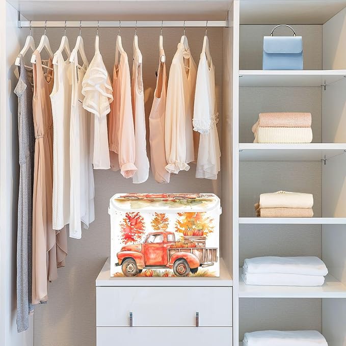 senya Thanksgiving Baskets Collapsible Storage Bins with Lids, Orange Truck Fall Harvest Storage Boxes Clothes Baskets for Organizing, B06D22020