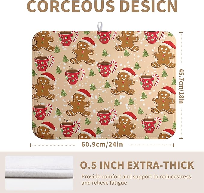 Wnoesat Cute Gingerbread Man Xmas Dish Drying Mat, Absorbent Dish Pad, 18x24 inch