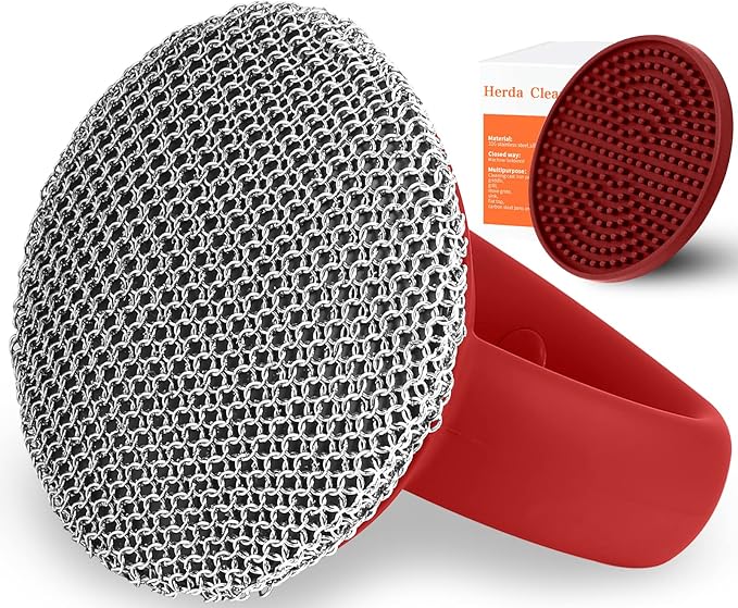 Cast Iron Cleaner Scrubber+Tray with Handle, Welded Chainmail Scrubber for Pan Pot Grill Oven Wok Cleaning- Small Ring Chain Scrub Metal Scraper Brush Iron Skillet Steel Wool Scrubber Steel Sponge