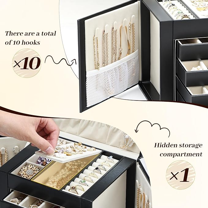 EnHomee Jewelry Box for Women, 5-Layer Large Jewelry Organizer with Mirror & 4 Drawers for Rings, Earrings, Necklaces, Bracelet Lockable Case with Lock (Black + Gold)