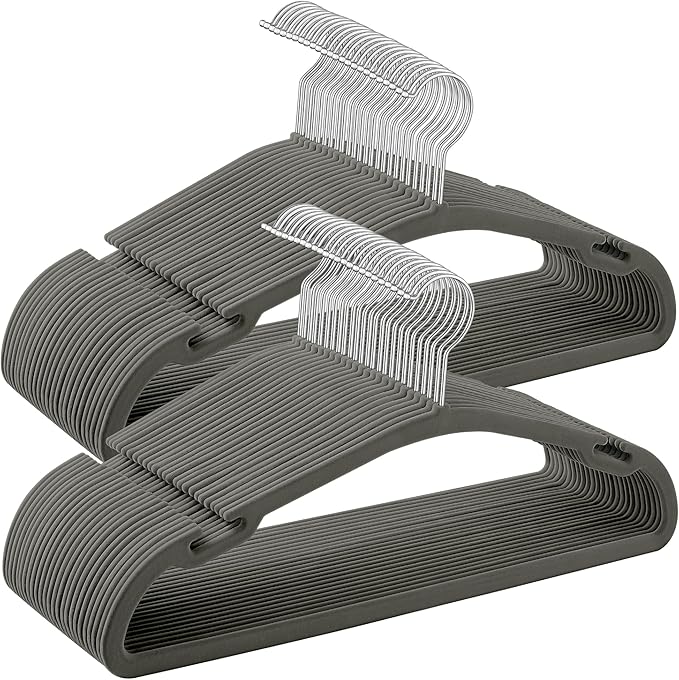 SONGMICS Velvet Hangers 50 Pack, Non-Slip Clothes Hangers, 17 x 8.3 Inches, Coat Hangers with Wide Shoulder Notches, Pants Bar, 360° Swivel Hook, Space-Saving, for Closet, Gray UCRF039G02