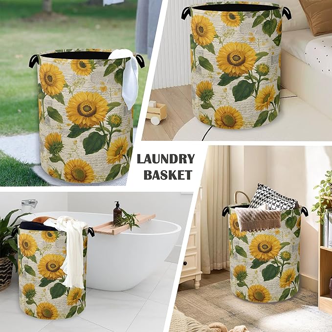 Vintage Sunflowers Laundry Basket,Oxford Cloth Laundry Hamper with Handle Foldable Portable Clothes Storage Basket for Bathroom Bedroom Dorm Room 16" x 20.8"