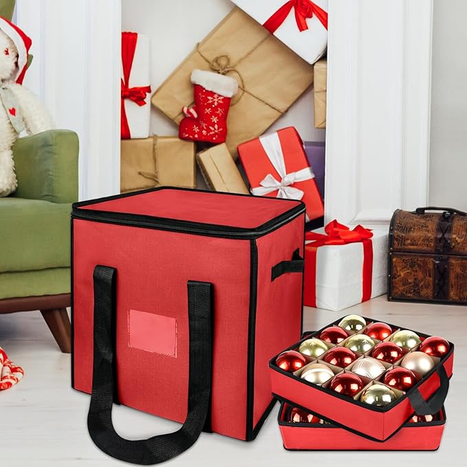 Christmas Ornament Storage Box with Dividers, Christmas Balls Storage Containers with Zipper & 4 Removable Trays - Holds Up to 64 Balls - 600D Oxford Christmas Decoration Storage Organizer (Red)