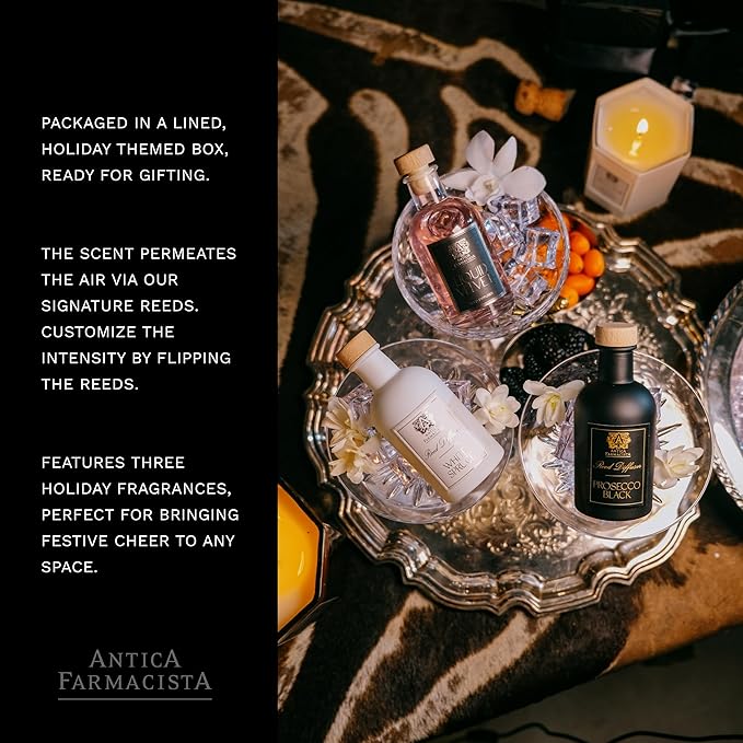 Antica Farmacista Reed Diffuser Gift Box - Includes Prosecco Black, White Spruce & Liquid Velvet - Luxury Room Freshener for Anniversaries, Birthdays & Holidays - 3.4 fl oz Each