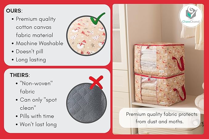 Canvas Storage Bags Designer Organizer 2 Pack – Seasonal Storage for Sweaters, Blankets, Linens & Garments – Foldable Design with Zip & Window, Moth-Proof Space Saver, Snowman Print