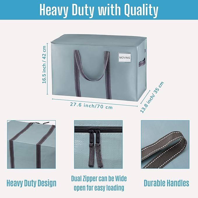 VENO 10 Pack Moving Bags and Large Christmas Storage Bins with lids. Alternative to Moving Boxes, Packing Supplies for College. Extra Large Heavy Duty Totes for Packaging (Light Blue Matte, 10 Pack)