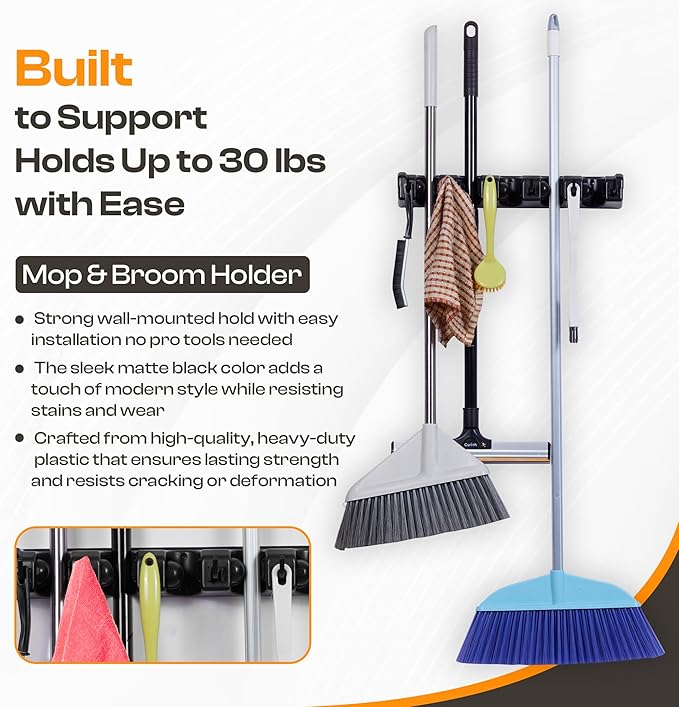 Heavy Duty ABS Plastic Broom Holder with 5 Slots and 6 Hooks | Wall Mount Mop and Broom Hanger | Waterproof Broom Organizer with Screws| Wall Mount Tool Organizer for Garage Storage