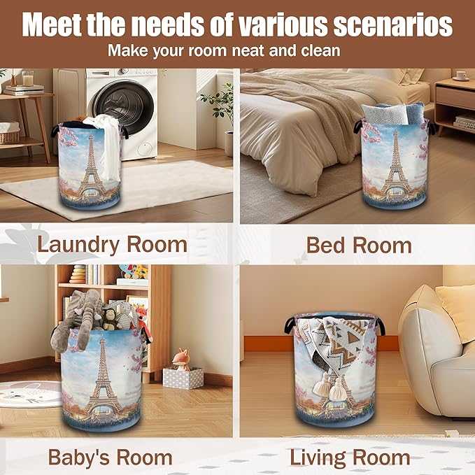 Eiffel Tower Laundry Basket,Cherry Blossom Laundry Hamper Waterproof Oxford Cloth Tote Collapsible,Clothes Storage Bucket Decorative Toy Organizer For Bathroom Bedroom 16" x 20.8"