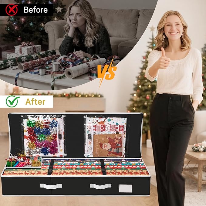 Criusia Gift Wrapping Paper Organizer Storage, Durable Underbed Storage Container Fits 24 Rolls, with Removable Dividers and Pockets for Ribbon, Ornaments, Holiday Accessories, Black