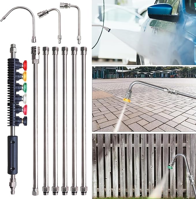 Xiny Tool Pressure Washer Extension Wand, 10 Pack Power Washer Lance with 5 Atomization Nozzle Tips,1 Gutter Cleaner Attachment Curved Rod, 1/4" Quick Connect, 4000 PSI